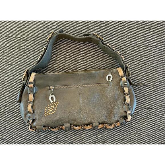 Vintage Y2K Betsey Johnson Olive Leather Studded Hobo Horseshoe Rhinestones - Picture 1 of 9